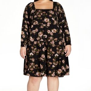 Time and Tru square neck mini dress with long sleeves, 3X,black floral